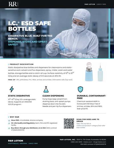 Marketing flyers page: I.C. ESD Safe Bottles and Dispensers