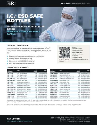 Sales flyers page: I.C. ESD Safe Bottles and Dispensers