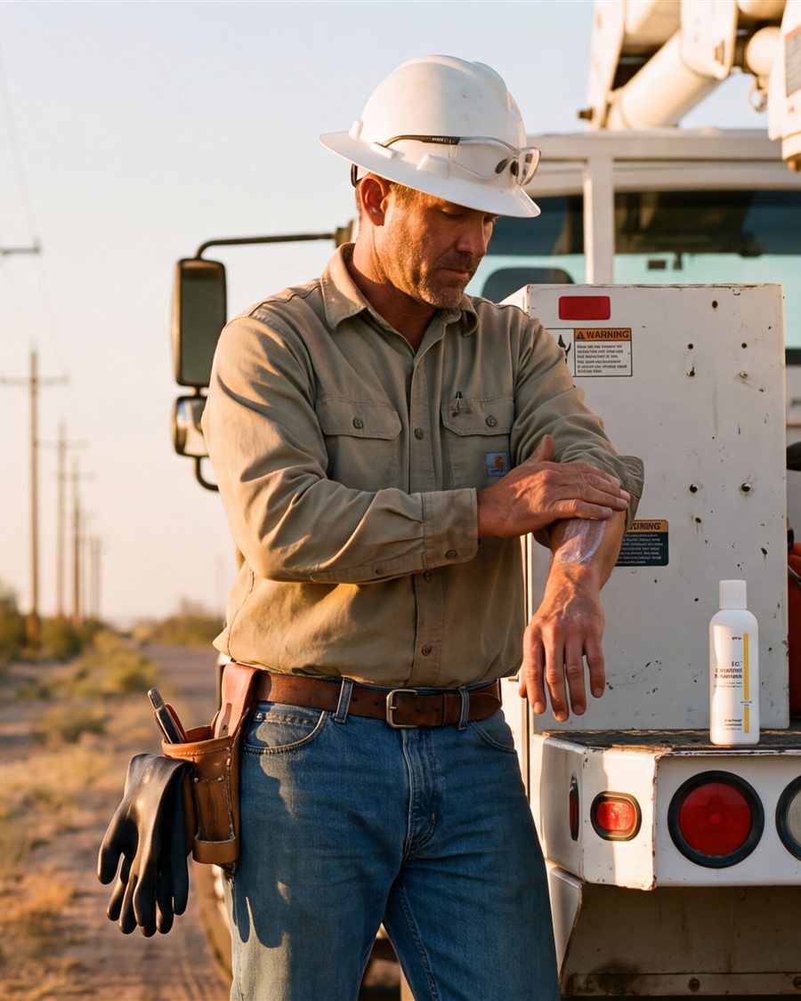 Lineman applying I.C. Industrial Sunscreen at the truck