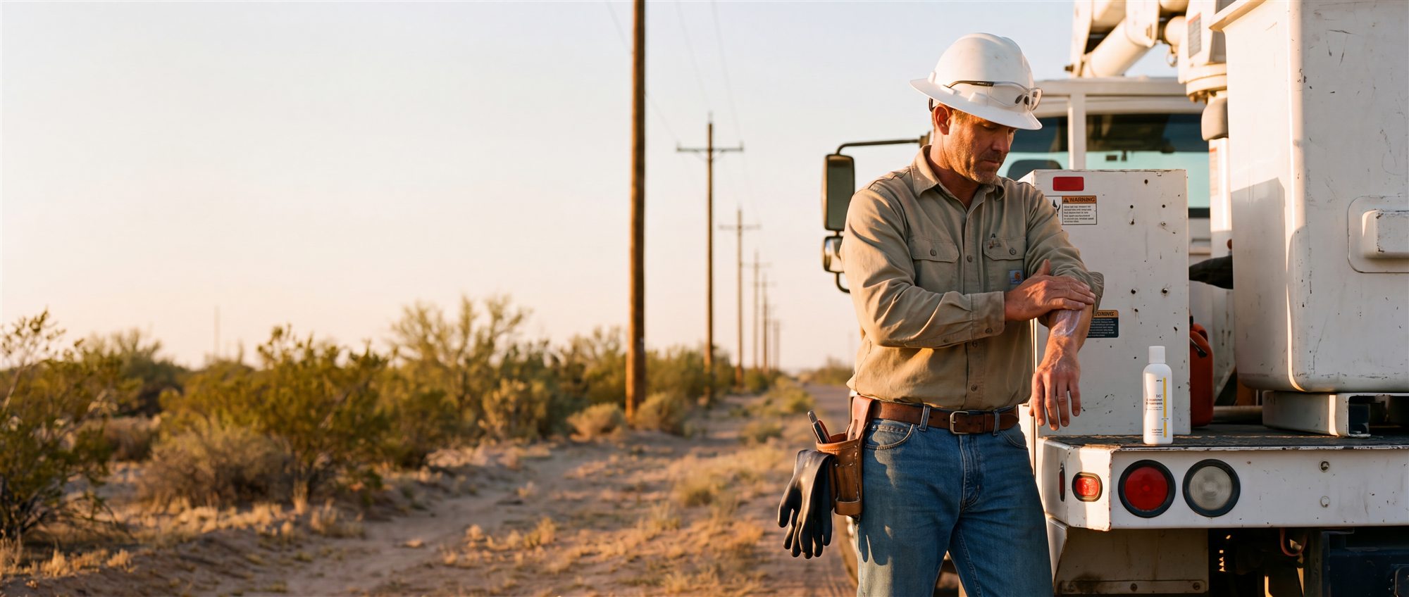 Lineman rubbing I.C. Industrial Sunscreen into his forearm beside the bucket truck at golden hour