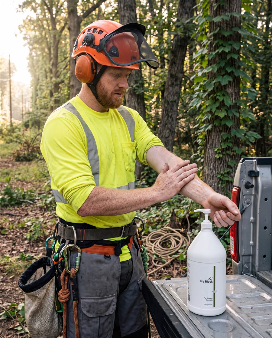 Arborist in climbing gear applying I.C. Ivy Block to his forearms