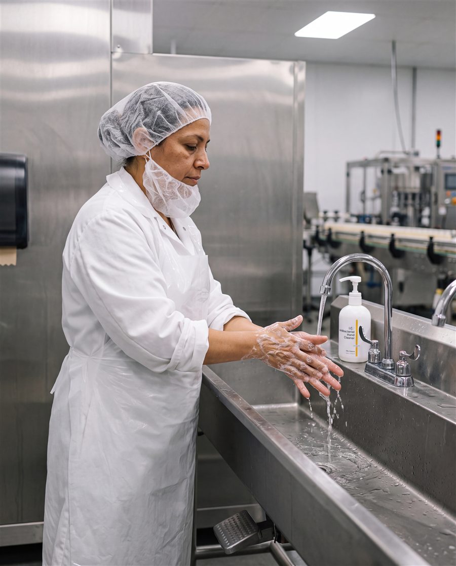 Food processing worker washing with I.C. Antibacterial Hand Cleaner at a trough sink