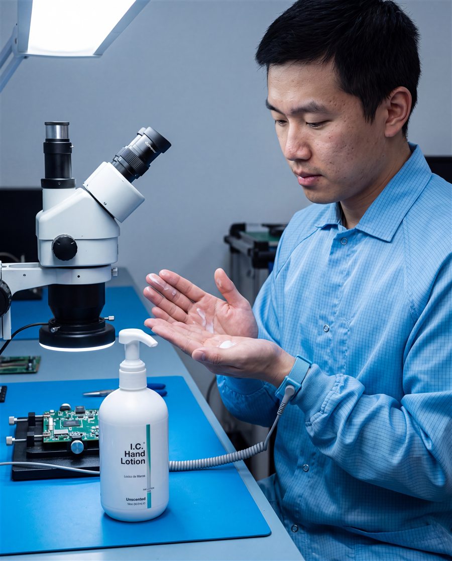 Electronics technician applying I.C. Hand Lotion at an ESD bench