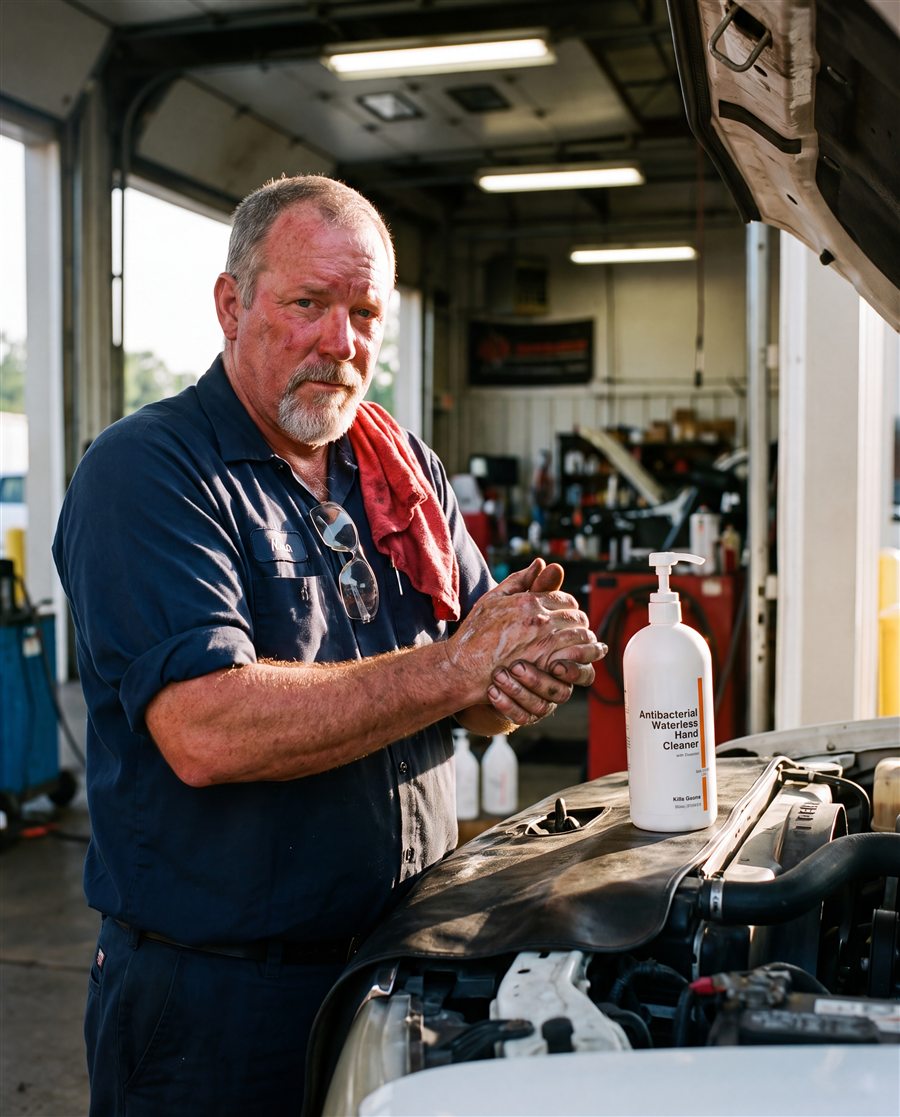 Mechanic cleaning his hands with waterless hand cleaner at the engine bay