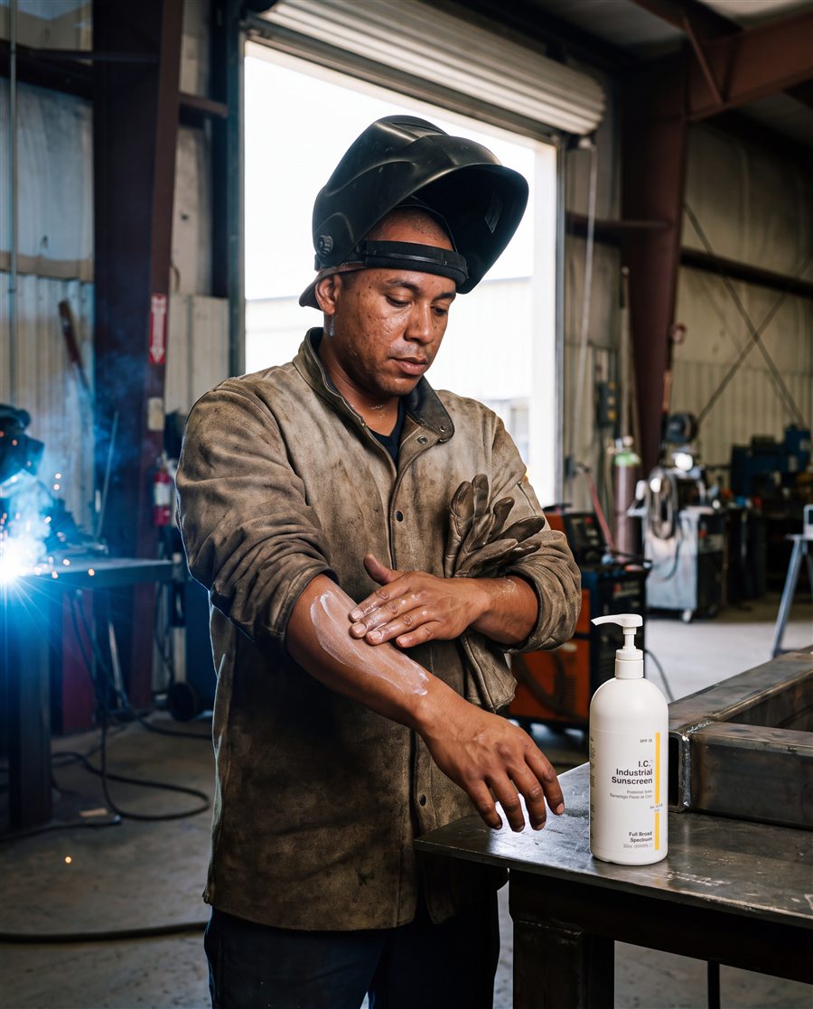 Welder with his hood up rubbing I.C. Industrial Sunscreen into his forearm