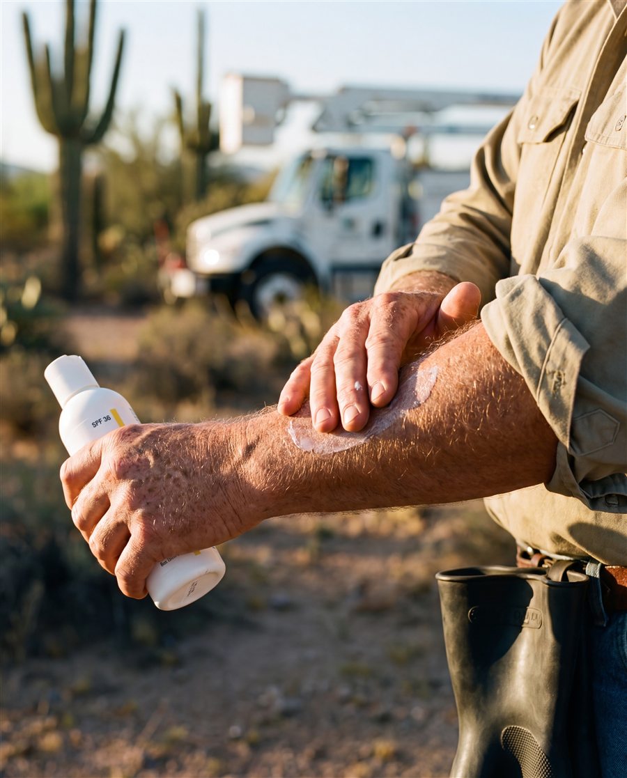 Lineman working I.C. Industrial Sunscreen SPF 36 into his forearm, bucket truck behind