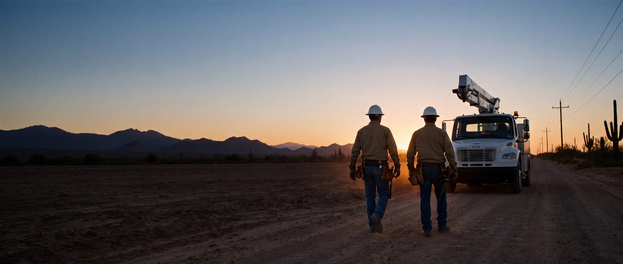 Two linemen walking back to the bucket truck at dusk