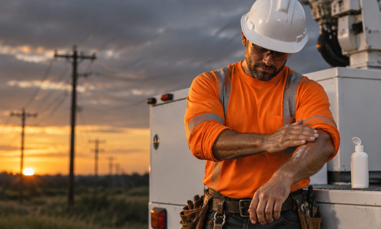 Lineman in a white hard hat and hi-vis orange shirt rubbing sunscreen into his forearm at the back of a bucket truck at sunset