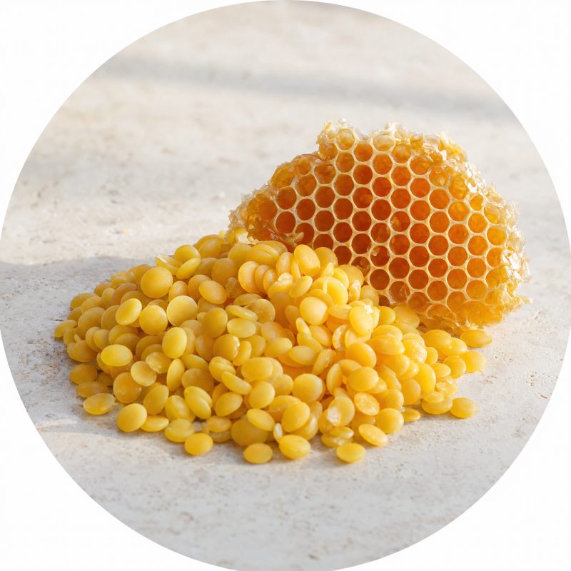 A few golden beeswax pellets beside a small piece of honeycomb