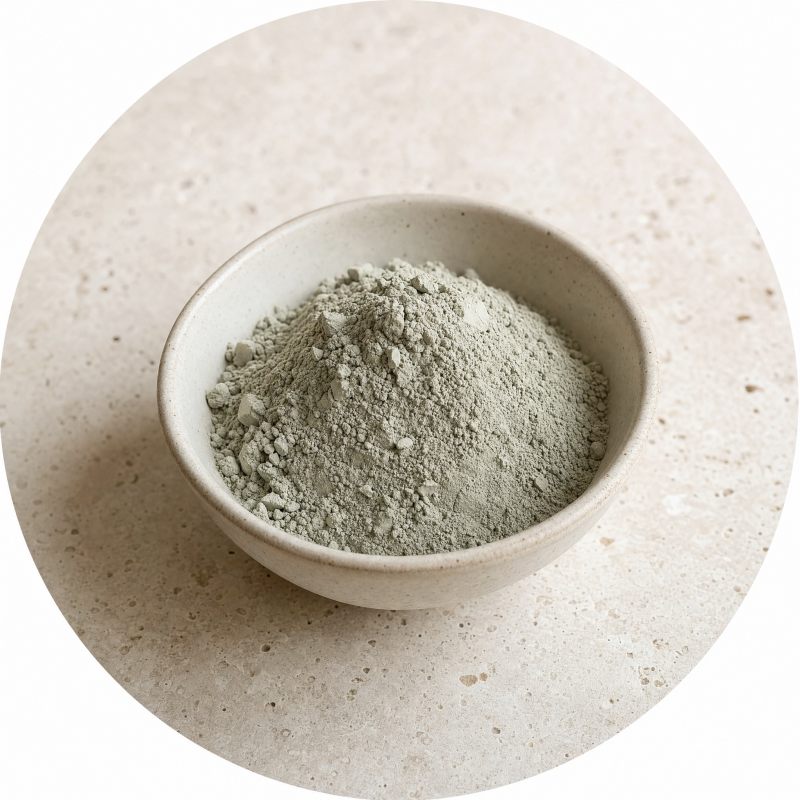A small bowl of soft grey-green bentonite clay powder