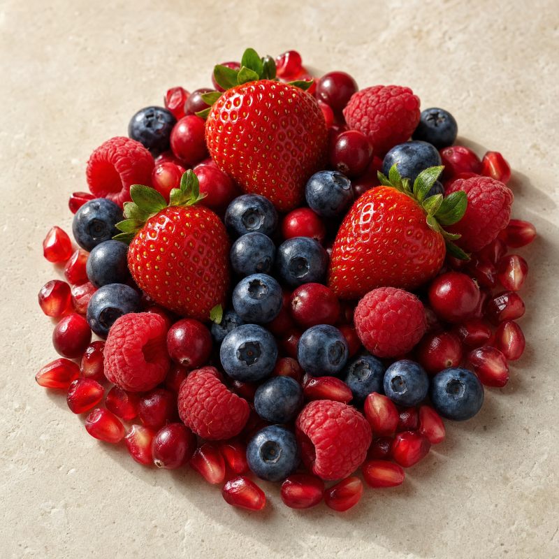 A small scatter of fresh blueberries, cranberries, raspberries, strawberries and pomegranate seeds