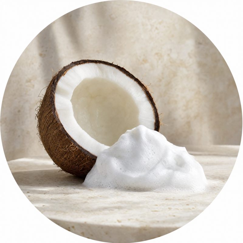 A halved coconut beside a small mound of white lather