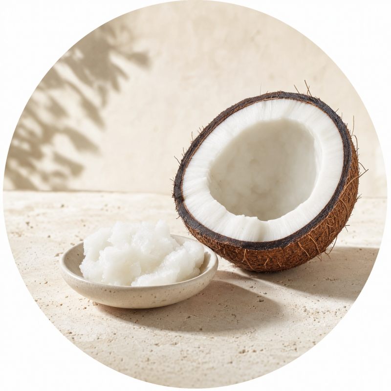 A halved coconut beside a small dish of white coconut oil