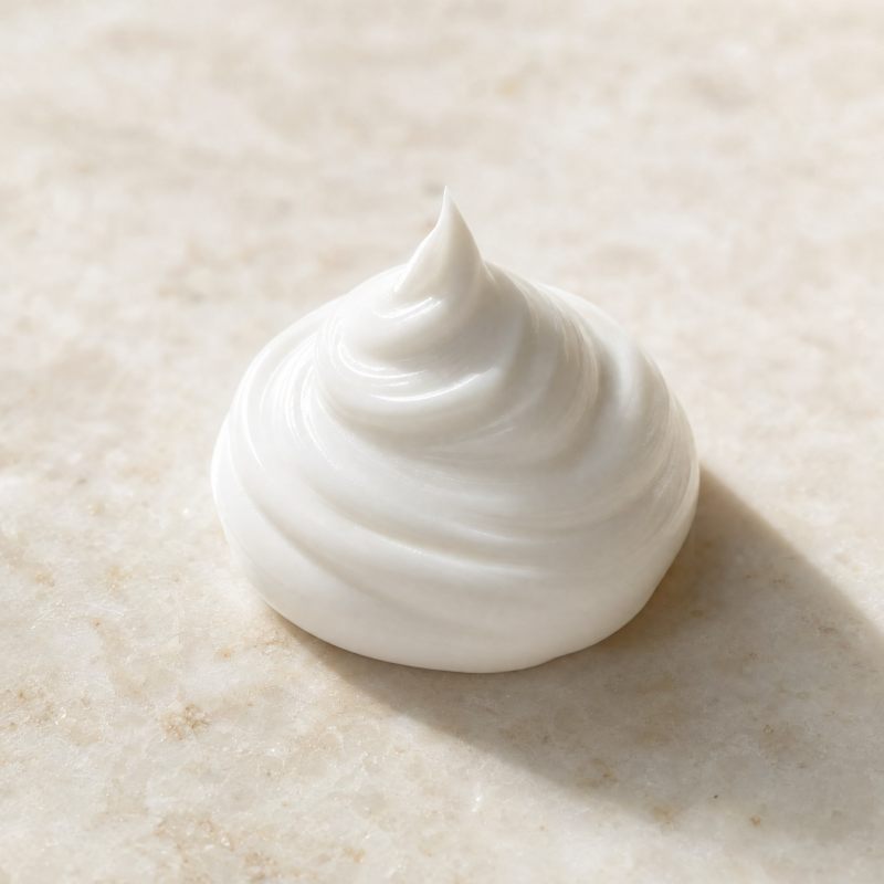 A swirl of thick white hand cream on a pale stone surface