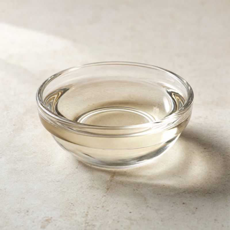 A shallow glass dish of clear, light oil