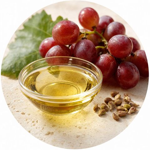 A glass dish of golden grape seed oil next to a cluster of red grapes