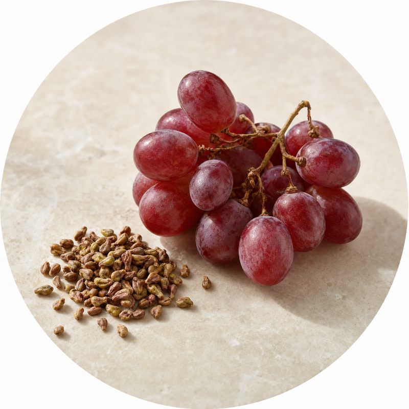 A small pile of grape seeds beside a cluster of red grapes