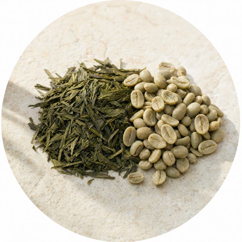 Loose green tea leaves beside a few pale green unroasted coffee beans