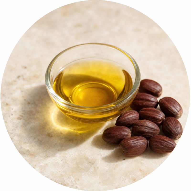 A glass dish of golden jojoba oil with a few jojoba seeds