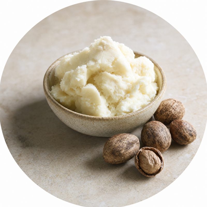 A small bowl of ivory shea butter beside a few whole shea nuts