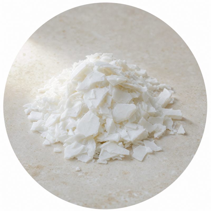 A small heap of white waxy stearic acid flakes