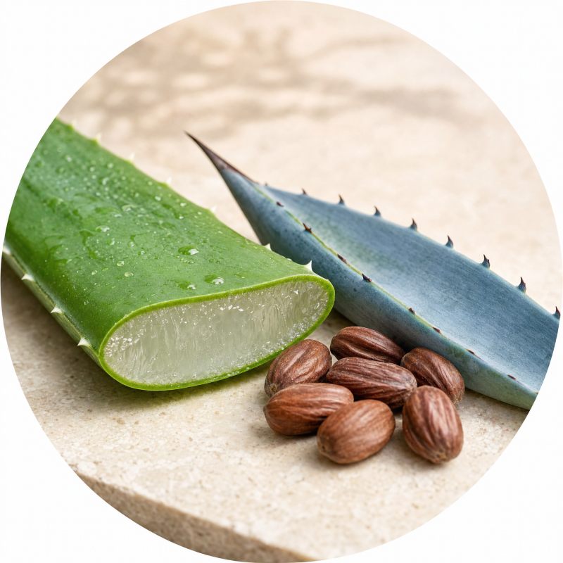 A cut aloe vera leaf, a blue agave leaf and a few jojoba seeds on a light surface
