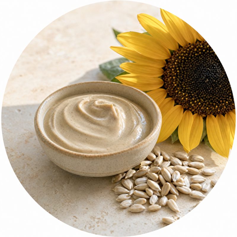 A small bowl of pale sunflower butter beside a sunflower head and loose sunflower seeds