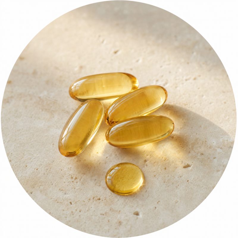A few golden vitamin softgels and a drop of oil