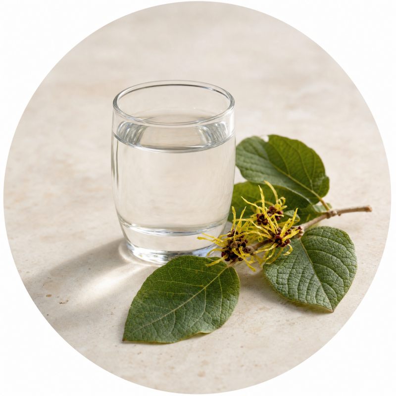 A small glass of clear witch hazel water beside a sprig of witch hazel leaves