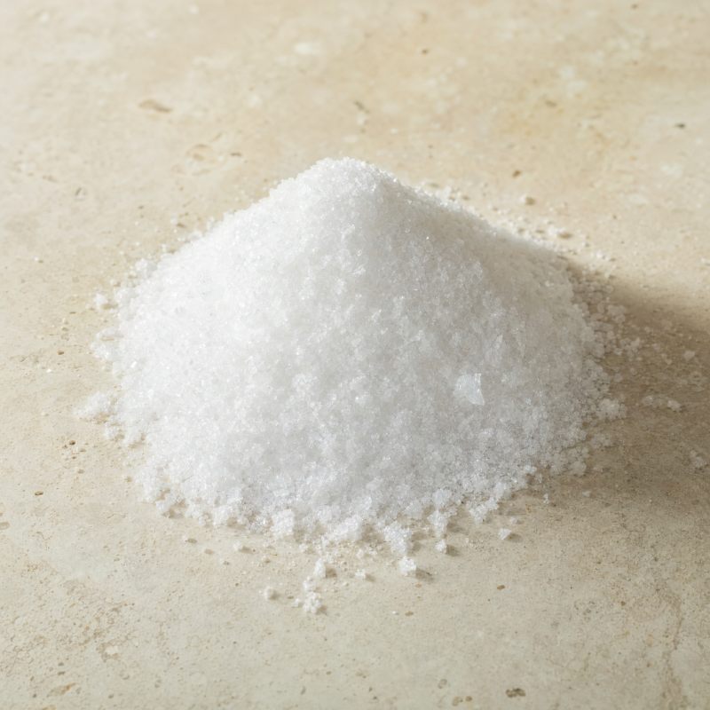 A small heap of white zinc acetate crystals