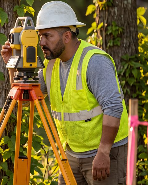 Surveyor at a total station in brush