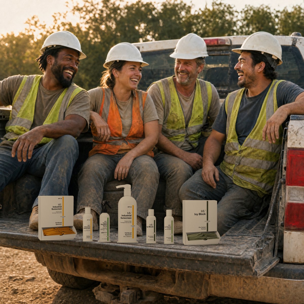 Four smiling crew members on a pickup tailgate with I.C. Industrial Sunscreen, Insect Repellent Spray, Ivy Block and Ivy Cleanse, a 32 oz sunscreen pump and two foil pack boxes