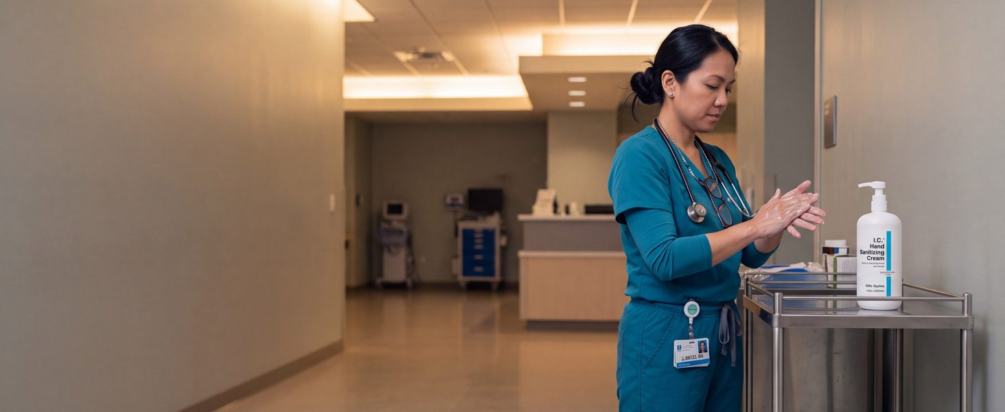 Nurse rubbing in I.C. Hand Sanitizing Cream in a hospital corridor