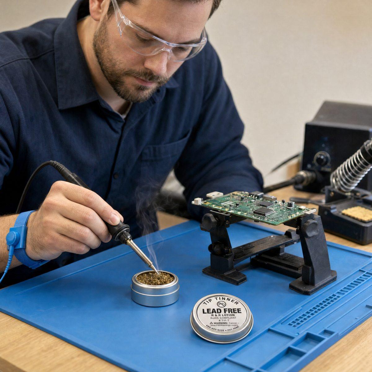 Electronics technician wiping a soldering iron tip in I.C. Lead Free Tip Tinner at an ESD bench