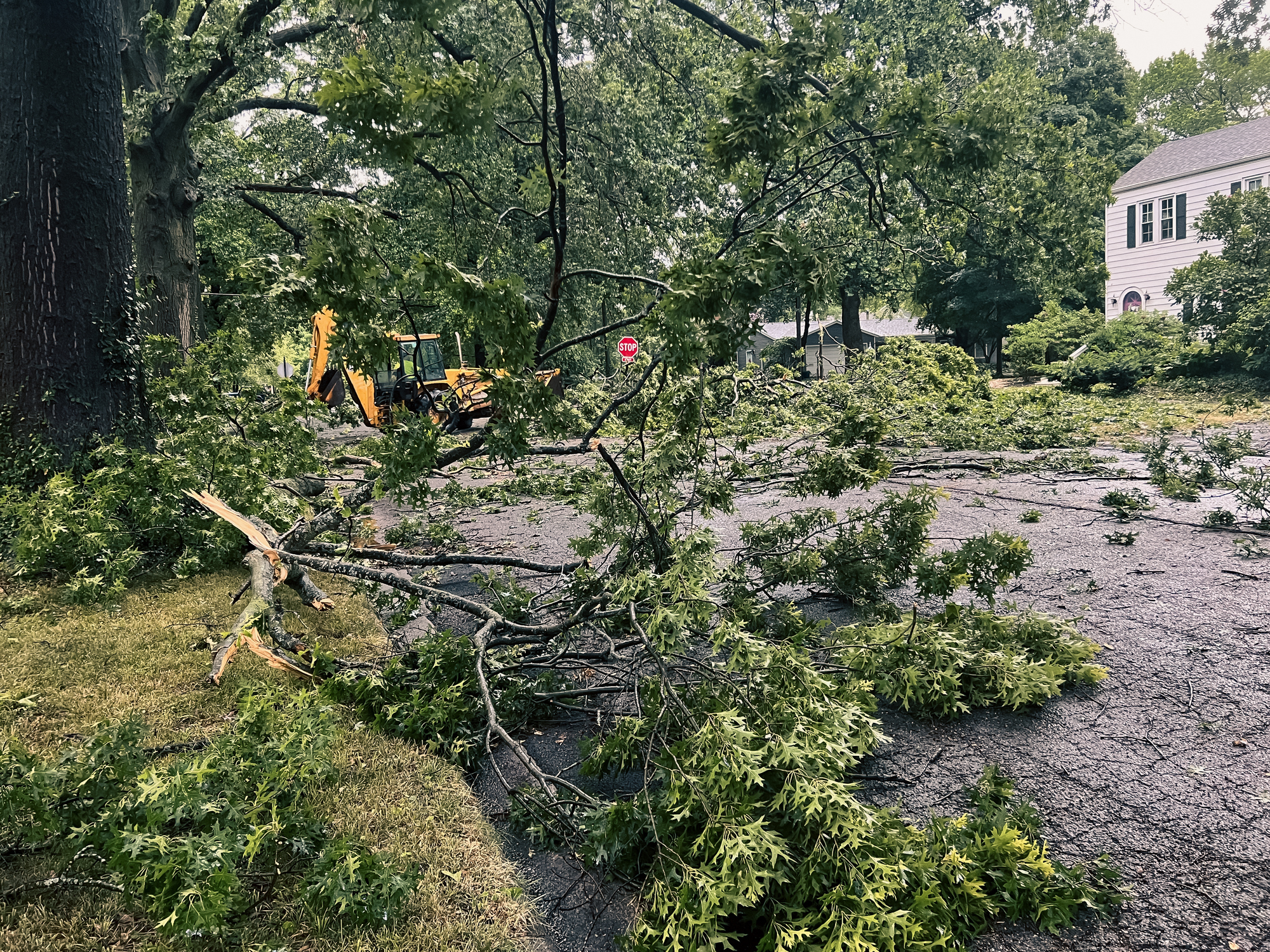 Backhoe Cleaning up Residential Street Following a Severe Weather and ...