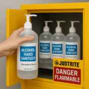 Hand placing alcohol hand sanitizer bottle into yellow fireproof Justrite cabinet for NFPA storage compliance.