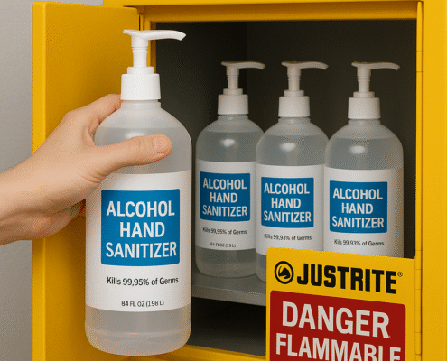 alcohol hand sanitizer bottle into yellow fireproof J Hand placing alcohol hand sanitizer bottle into yellow fireproof Justrite cabinet for NFPA storage compliance.