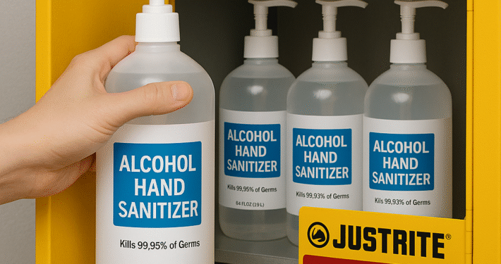 Hand placing alcohol hand sanitizer bottle into yellow fireproof Justrite cabinet for NFPA storage compliance.