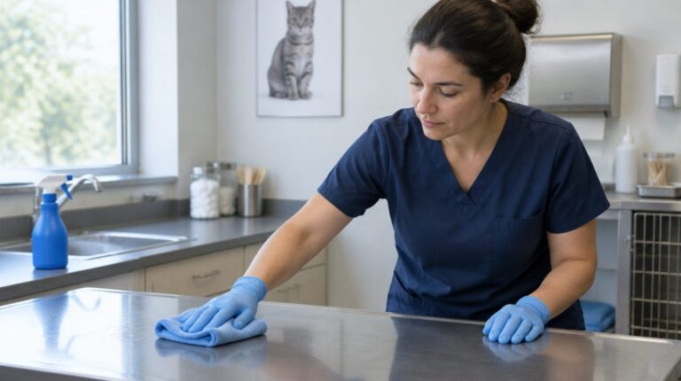 Veterinary assistant in gloves wiping a stainless steel exam table with a microfiber cloth
