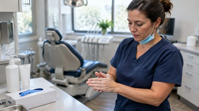 Dental hygienist with lowered mask rubbing sanitizing cream into her hands beside the operatory chair