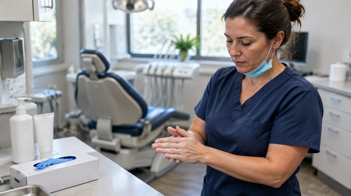 Dental hygienist with lowered mask rubbing sanitizing cream into her hands beside the operatory chair