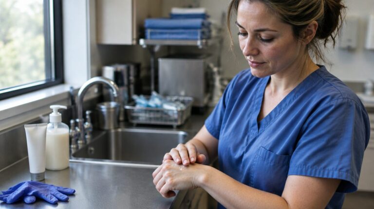 Dental assistant working hand cream into her knuckles at the sterilization room sink, gloves off on the counter