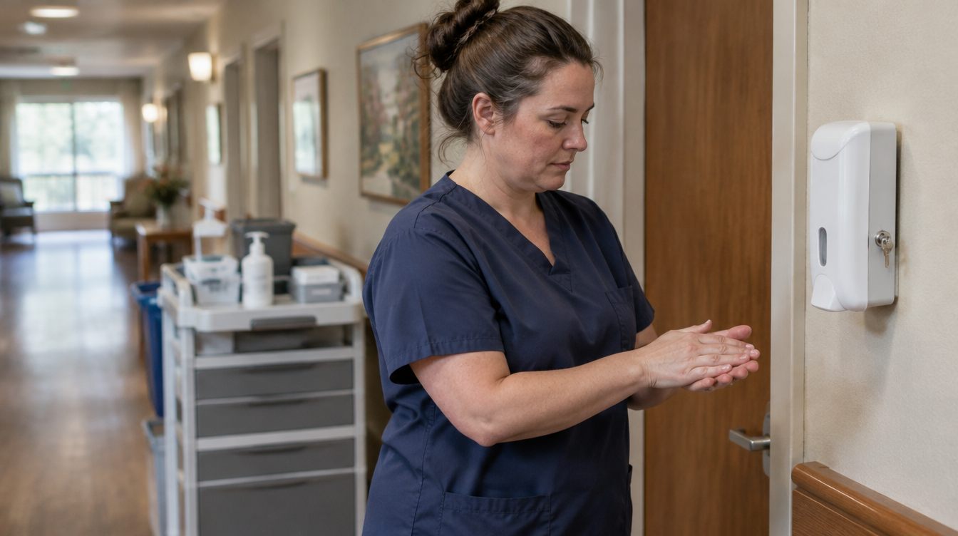 CNA rubbing in hand sanitizer beside a locked wall dispenser in a memory care hallway, med cart behind her