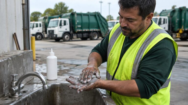Sanitation worker in a hi-vis vest rubbing gritty heavy duty hand cleaner into greasy hands at a truck yard sink