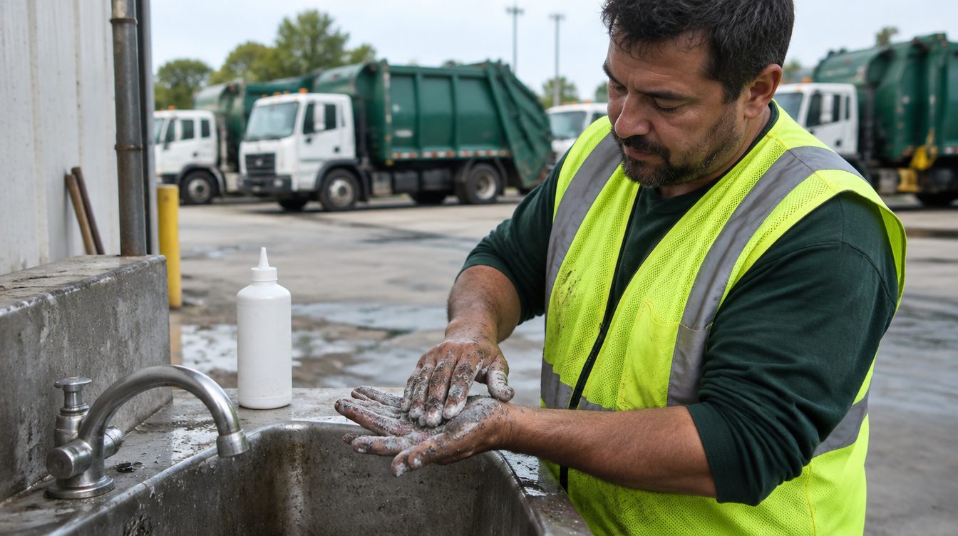 Sanitation worker in a hi-vis vest rubbing gritty heavy duty hand cleaner into greasy hands at a truck yard sink