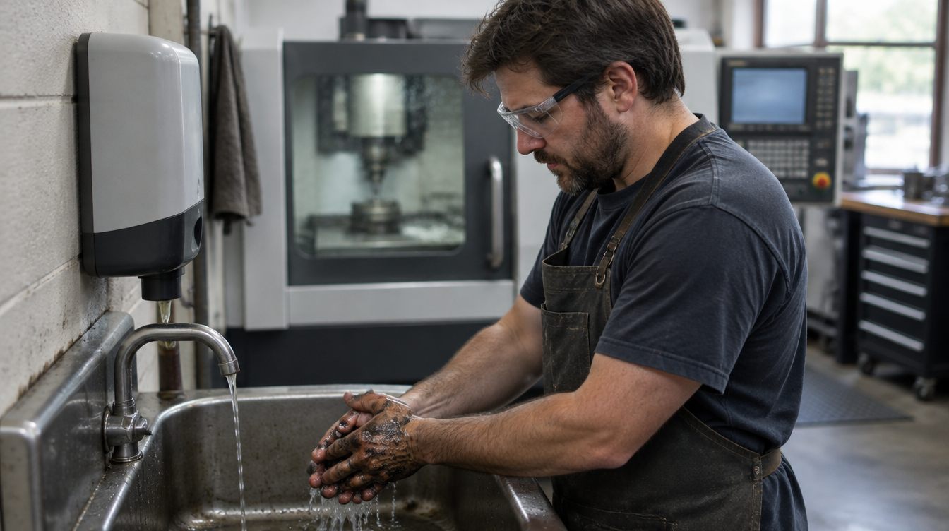 Machinist in safety glasses washing oily hands at a shop sink under a wall-mounted dispenser, CNC machine behind