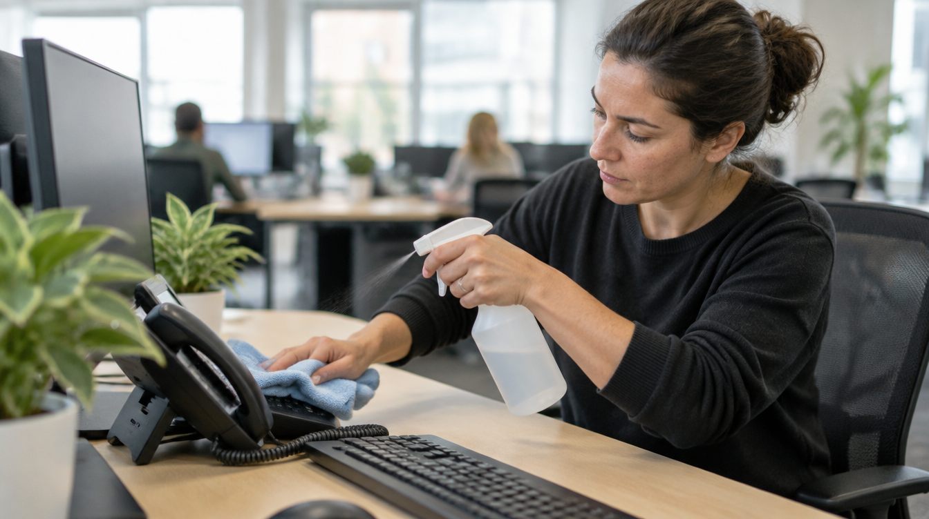 Office worker spraying cleaner and wiping a desk phone and keyboard at a shared desk