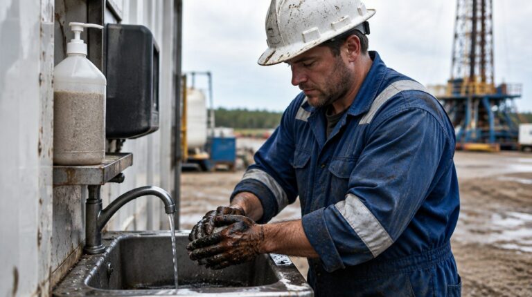 Roughneck in FR coveralls scrubbing oil-blackened hands at a wash trailer sink on a drilling pad