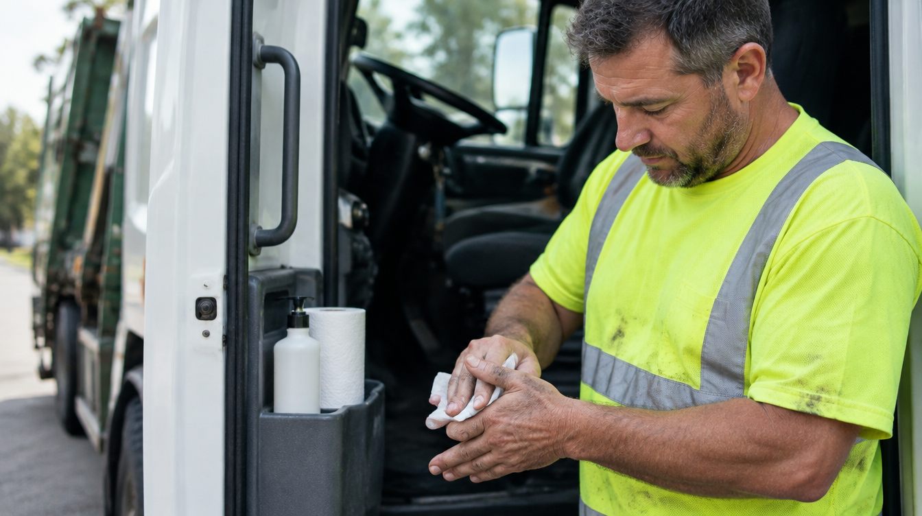 Garbage truck driver in a hi-vis shirt cleaning his hands with waterless cleaner and a towel at the cab door