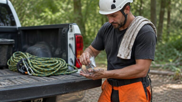 Arborist in helmet and chainsaw chaps squeezing waterless hand cleaner from a foil pack onto sap-stained hands at a truck tailgate